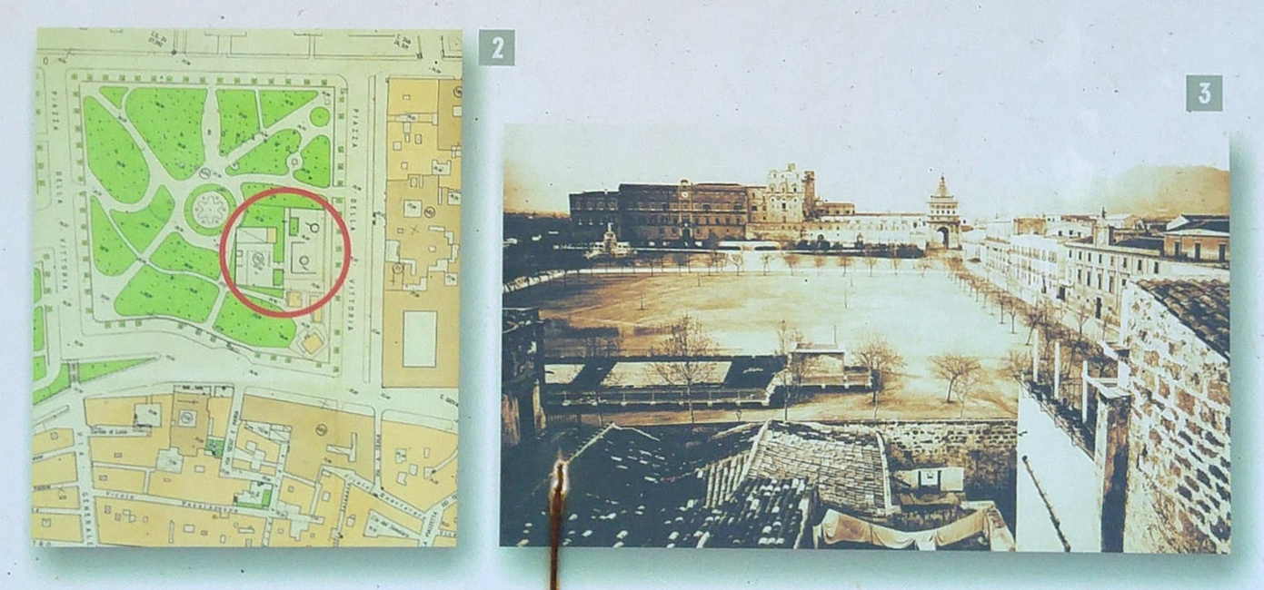 Villa Bonanno - detalle panel informativo con planta del parque y vista plaza anterior a su creación
