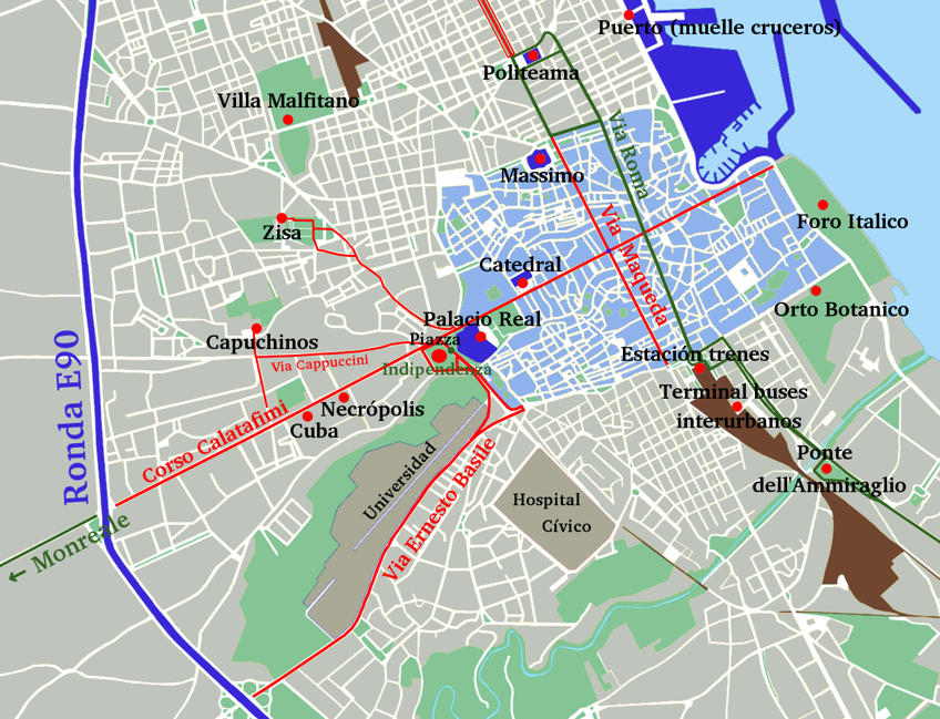 Zona oeste de Palermo - Mapa del área con casco antiguo